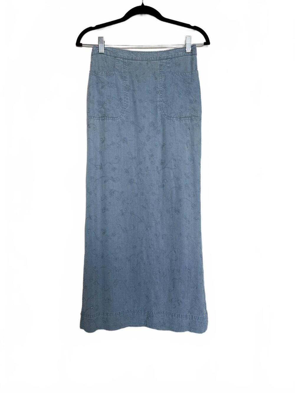 Vintage Blue Embroidered Denim Maxi Skirt Small